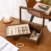 Solid Wood Double-Layer Jewelry Box with Lid, Large Capacity for Necklaces and Rings