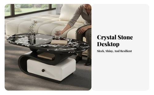2 Pieces Modern Minimalist Design Aesthetic Sculptural Two-Piece Coffee Table With Storage Drawer Living Room Furniture Marble Effect Surface Home Furnishing Polished Rounded Corners for Homeowners, Apartment Dwellers, Interior Designers, Lounge Area