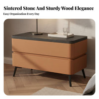 Sintered Stone Top Nightstand Solid Wood Construction Modern Nightstand with Drawers Scratch Resistant Leather Wrapped Bedside Table for Adults, Hotel