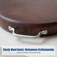 Durable Ironwood Cutting Board, Clamwood Round Chopping Board, Double-Sided, Butcher Block, Stainless Steel Ring