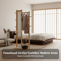 Standing Coat Rack with Mirror Wooden Clothes Stand Storage Organizer Garment Rack Combination with Shelves and Hooks Space-saving Function Suitable for Renters Adults Entryway Bedroom Apartment