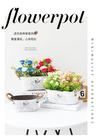Vintage Oval Flower Pot with Rope Handle and Bird Pattern
