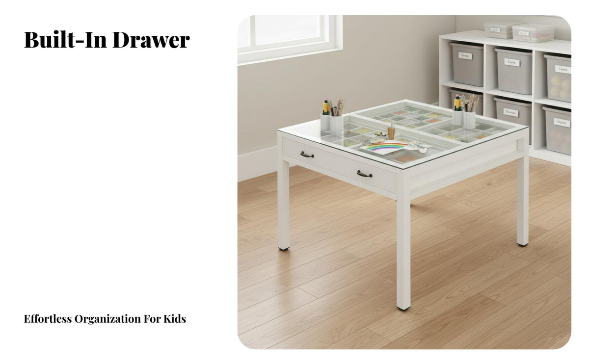 Kids Crafting Desk with Storage Easy to Clean Drawing Table with Grid Drawers Multi-Functional Glass Artistic Workspace Desk for Young Children