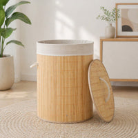 Lidded Bamboo Laundry Basket with Lid Easy to Carry Laundry Basket with Lid Freestanding Sturdy for Bathroom, Bedroom