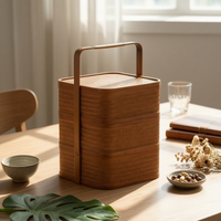 Three-Tier Carrying basket Stackable Bamboo Storage box with Lid Vintage Storage Basket with Lid for Gift Recipients, Tea Service