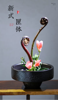 高脚小花器禅意中式日式插花器皿茶席复古陶瓷桌面摆件剑山插花器