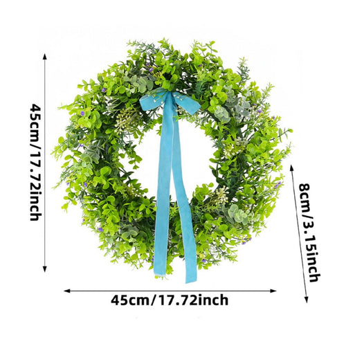Artificial Greenery Wreath Spring Summer Fresh Green Leaf Wreath Realistic Ribbon Decorative Bow for Courtyard, Outdoor