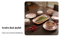 Wedding Housewarming Tableware Set, Flower Queen Underglaze Porcelain, Festive Red Bowl and Plate, Gift for Friends