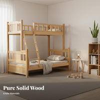 Solid Wood Bunk Bed Space-Saving Design Childrens Wooden Bed Guardrail Bedroom Furniture for Children, Kids, Small Areas, Dormitory, Apartment