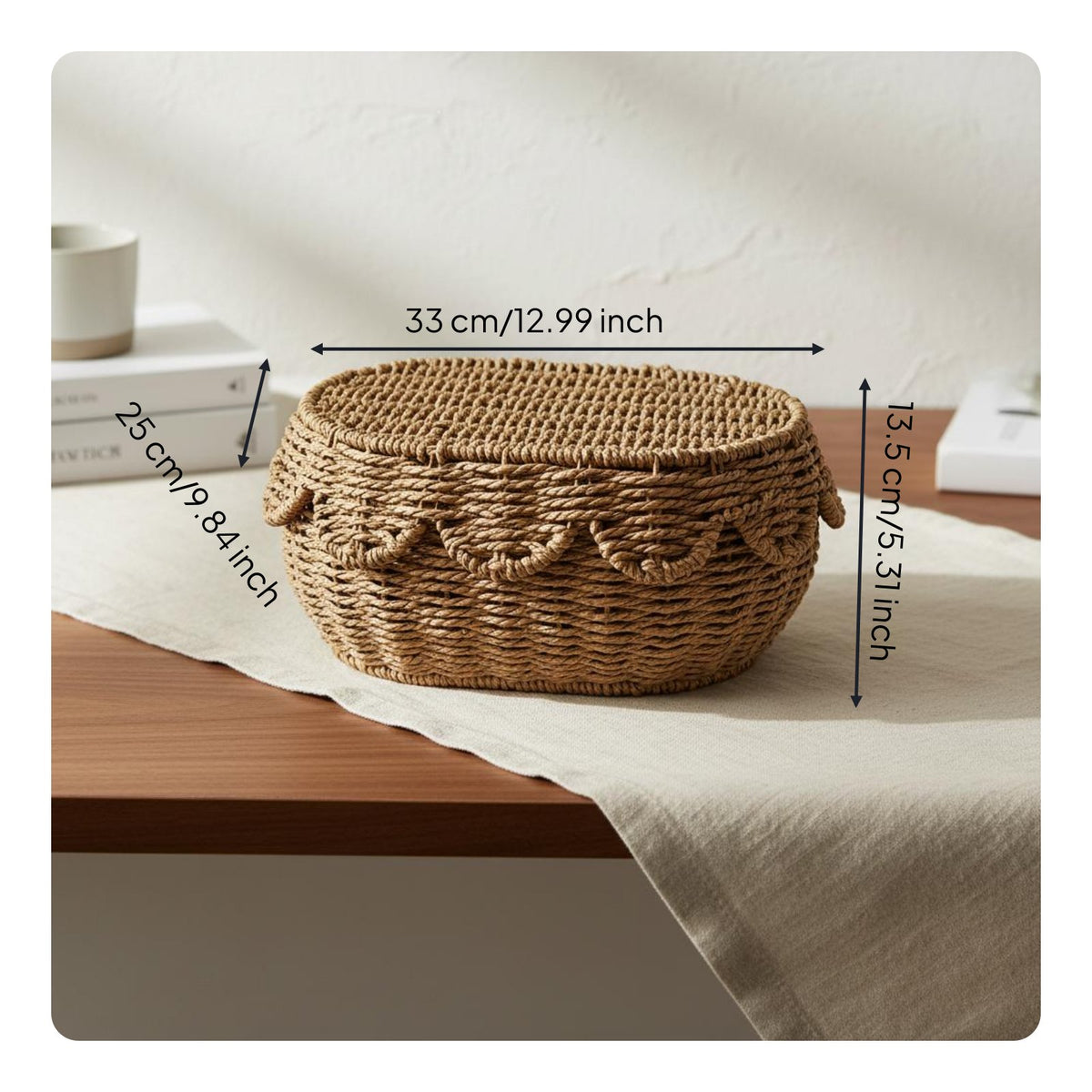 Woven Paper Rope Basket Material Lidded Storage Basket Rustic Edge Storage Box for Crafters, Bedroom
