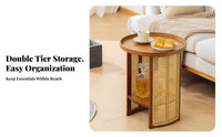 Dual-Level Round Nightstand Japanese Design 2-Tier Round Table Rattan Weave Design Rounded Edges for Bedroom, Small Spaces