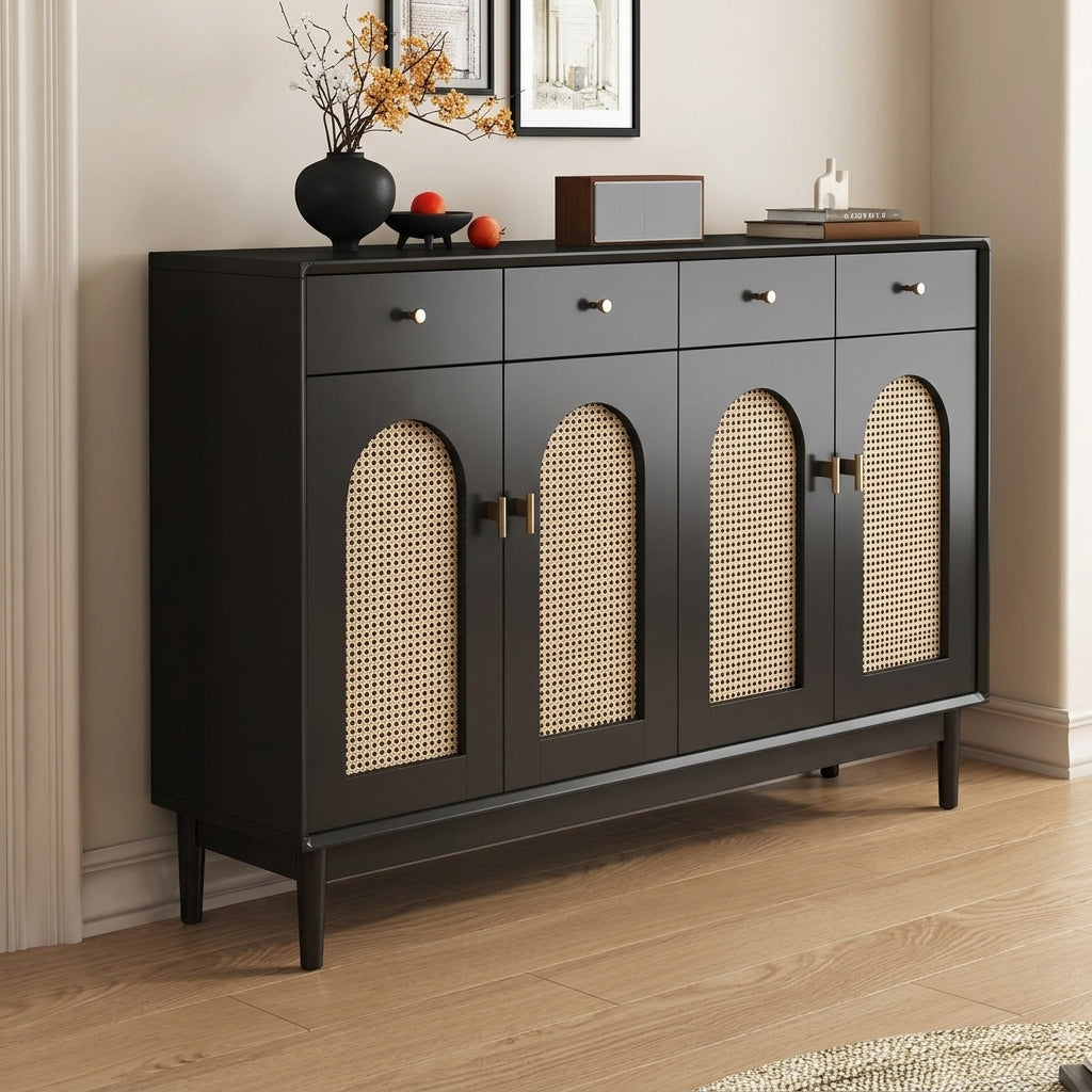 Wooden Rattan Woven Shoe Box, 160cm Width, Entryway Storage, Shoe Cabinet, 4 Doors 4 Drawers, Vintage Style