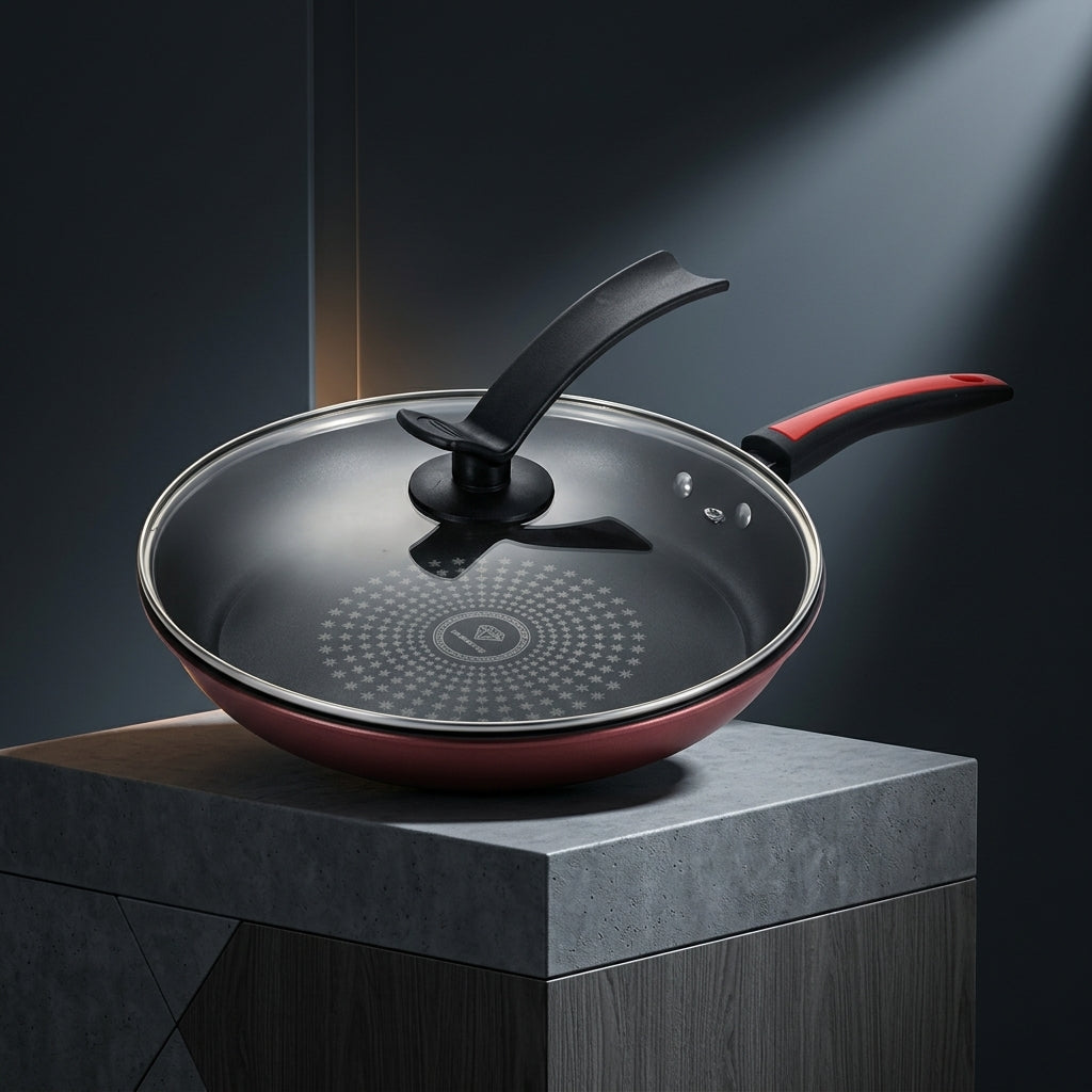 Frying Pan with Lid for Home Cooking, Non-Stick Pancake and Omelette Pan, Induction Hob Frying Pan for Gas Hobs, Red Pan with Integrated Handle