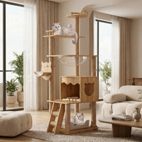 Cat Climbing Frame with House, 5-Level Solid Wood Activity Center Tree Indoor for 3 Large Cats, Stable Ladder and 7cm Post Diameter Scratching