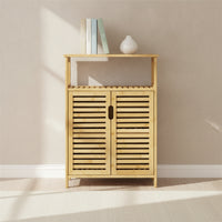 Bamboo Storage Cabinet Sturdy Cabinet with Slatted Doors Easy to Maintain