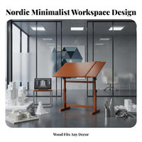 Minimalist Design Adjustable Wooden Drawing Table Writing Utensil Ledge Adjustable Height Drawing Desk Multipurpose Use Tilting Top Artist Workstation Solid Wood Frame for Art Students, Architects, Designers, Home Office, School, Workshop, Classroom