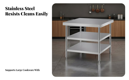 Rust Resistant Commercial Kitchen Prep Table Easy to Clean Commercial Kitchen Table Sturdy Construction Food Prep Station Reinforced Structure for Restaurant Team, Home Cooks, DIY Enthusiasts, Cafeteria, Workshop, Garage