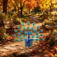 Bird Garden Sculpture Feather-Like Leaves Metal Peacock Ornament Curled Body