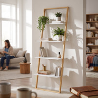 Leaning Ladder Shelf Space-Saving Leaning Shelf with Bamboo Frame Bamboo Ladder Bookcase Slim Furniture Vertical for Living Room