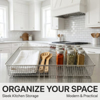 Kitchen Storage & Organisation Baskets for Shelves with Handle, Premium 304 Stainless Steel Wire Design for Retailers and Cupboards