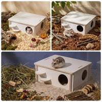 Wooden Hamster House with Climbing Ladder, Multi-Level Wood Habitat for Syrian Hamster Cage, Small Animal Structure with Two Entrances and Ramp