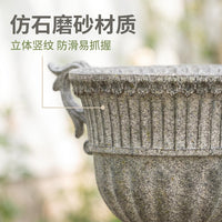 French Vintage Gray Metal Flower Pot with Handles and Vertical Lines