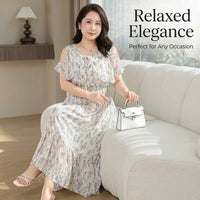 Summer Dress for Plus Size Women with Off Shoulder Neckline, Floral Midi in Sheer Fabric for Casual Wear