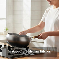 Hand Hammered Wok Non Coating Traditional Chinese Wok Uncoated Iron Pan Fast Heating Cookware Wooden Handle