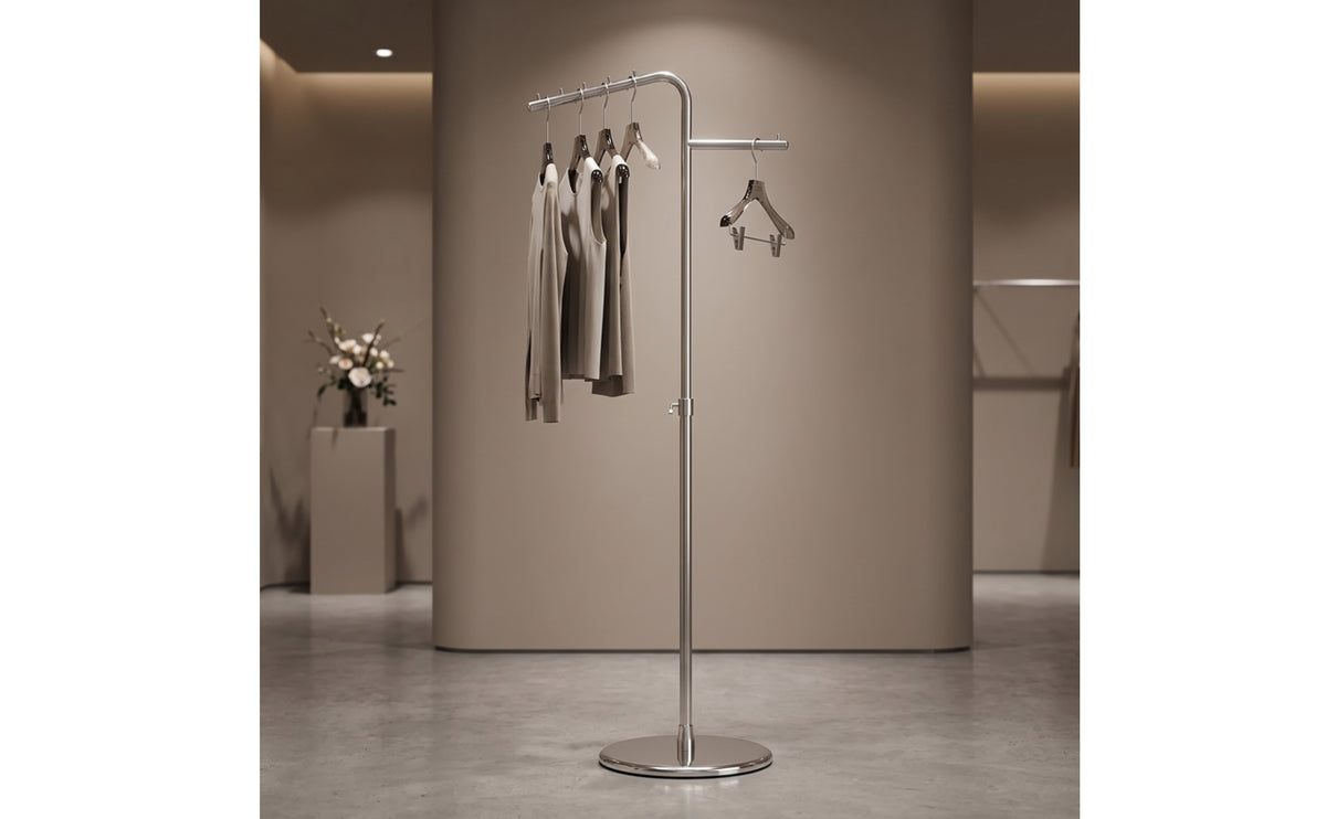 Clothing Display Rack with Side Arm Floor-Standing Stainless Steel Clothes Rack Space-Saving Adjustable Garment Stand for Livestreamers, Retail Stores