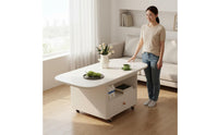 Space Saving Rolling Storage Coffee Table Solid Wood Living Room Furniture for Small Areas