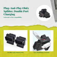 OBD2 Splitter, 1 to 2 Extension wire, 16-Pin OBD2 Y Splitter, Flat Extension Adapter with toggle toggle, Data Port Fast Charging, Compatible with Diagnostic Devices