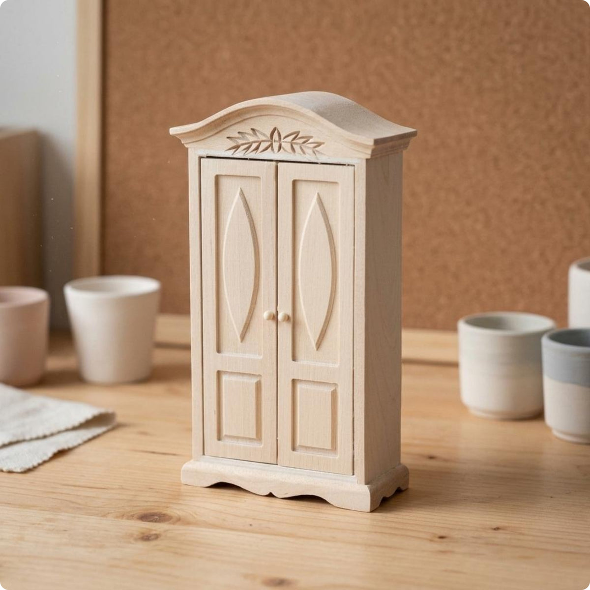 1:12 Scale Cabinet Hand-Carved Dollhouse Wardrobe Unfinished Wood Mini Wardrobe for Model Makers