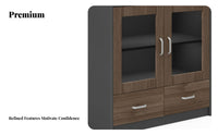 Walnut Finish Low Credenza with Glass Doors Modern Design Office Furniture Lockable Drawers Storage Cabinet for Business Owners, Administrative personnel, Decor devotees, Study Room
