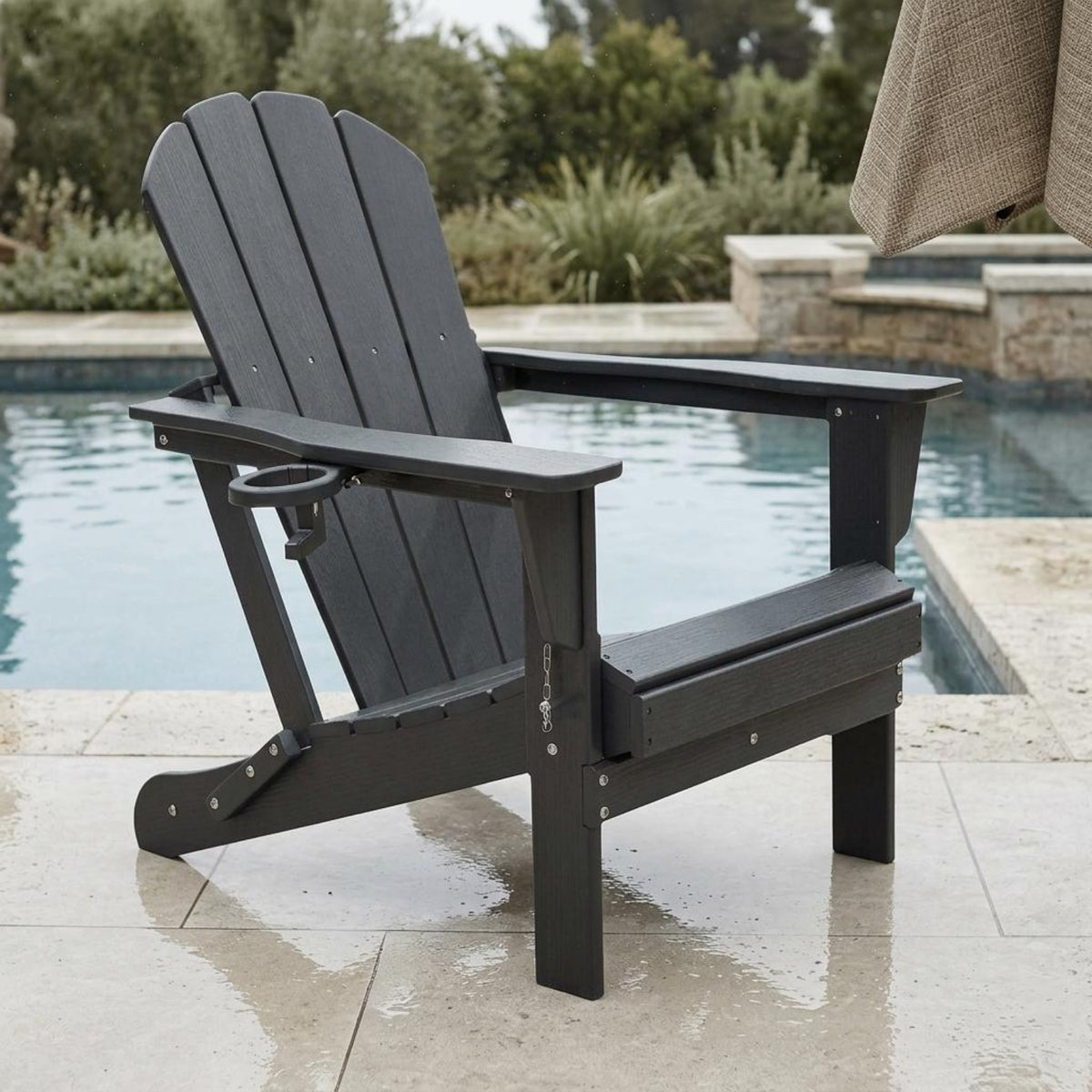 Folding Adirondack Chair Cup Holder Foldable Patio Lounge Chair Garden Furniture Wide Armrests Wood-Grain for Backyard