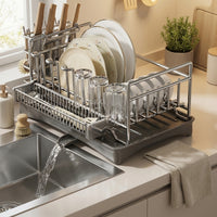 Dish Rack Kitchen Counter Organizer with Utensil Holder and Plate Rack, Carbon Steel Modern Minimalist Style with Knife Block and Drain Spout