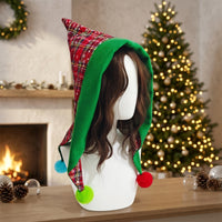 Plaid Christmas Hat with Pom-Poms Soft Christmas Hood-Style Hat Plaid Headwear for Costume Events