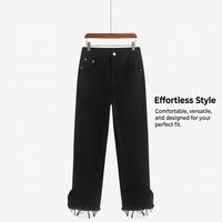 Women Jeans with Elastic Waist for Easy Pull-On, Straight Leg Stretch Denim Trousers for Casual Wear, Comfortable with Waistband