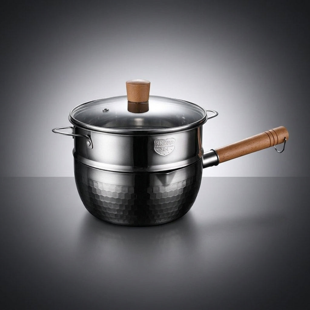 Baby Food and Milk Pan Stainless Steel Pot for Cooking, Hammered Stainless Steel Soup Pot with Steamer, Small Saucepan with Lid, Wood Handle