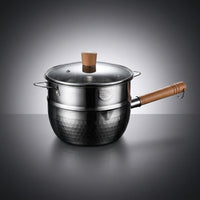 Baby Food and Milk Pan Stainless Steel Pot for Cooking, Hammered Stainless Steel Soup Pot with Steamer, Small Saucepan with Lid, Wood Handle