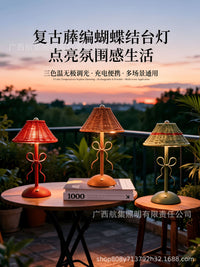 Rechargeable LED Table Lamp with Rattan Shade, Vintage Style, Dimmable