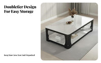 Tempered Glass Surface Double-Decker Rectangular Table Marble Pattern Modern Table 2-Tier Storage Household Furniture Sturdy Frame for Homeowners, Apartment Dwellers, Interior Decorators, Living Room, Home, Lounge Area
