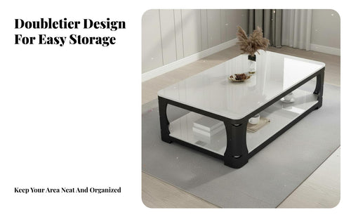 Tempered Glass Surface Double-Decker Rectangular Table Marble Pattern Modern Table 2-Tier Storage Household Furniture Sturdy Frame for Homeowners, Apartment Dwellers, Interior Decorators, Living Room, Home, Lounge Area