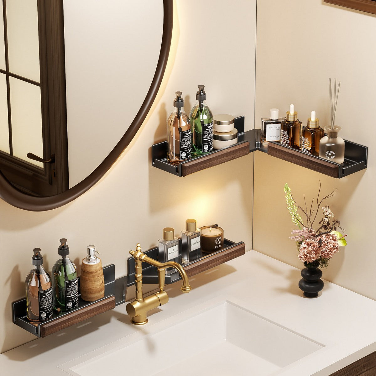 Walnut Folding Bathroom Shelf No-Drill Wall Mounted Storage Rack