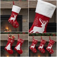 Christmas Stockings with Embroidered Reindeer and Snowflake Designs, Red and White Holiday Gift Bags