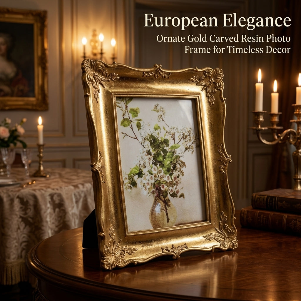 Ornate Resin Picture Frame with Carved Floral Design Hanging for Living Room Decor, Classical Decorative Photo Display