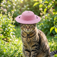 Cat Straw Hat, Adjustable Pet Sun Hat with Chin Strap, Perfect for Birthday Parties and Vacations, Bright Red, 10-60cm