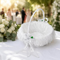 White Lace Flower Girl Basket Ribbon Bow Party Decor Handmade for Children