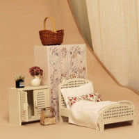 Miniature Bed with Wooden Frame Vintage-Styled Dollhouse Bed