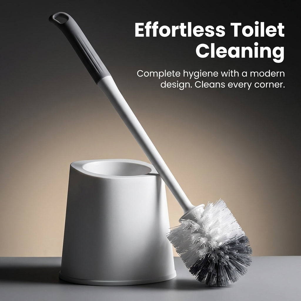 Wall Mounted Toilet Brush Set with Holder No Drill, Accessories Long Handle Deep Cleaning for Homeowner, Curved Scrubber with Base