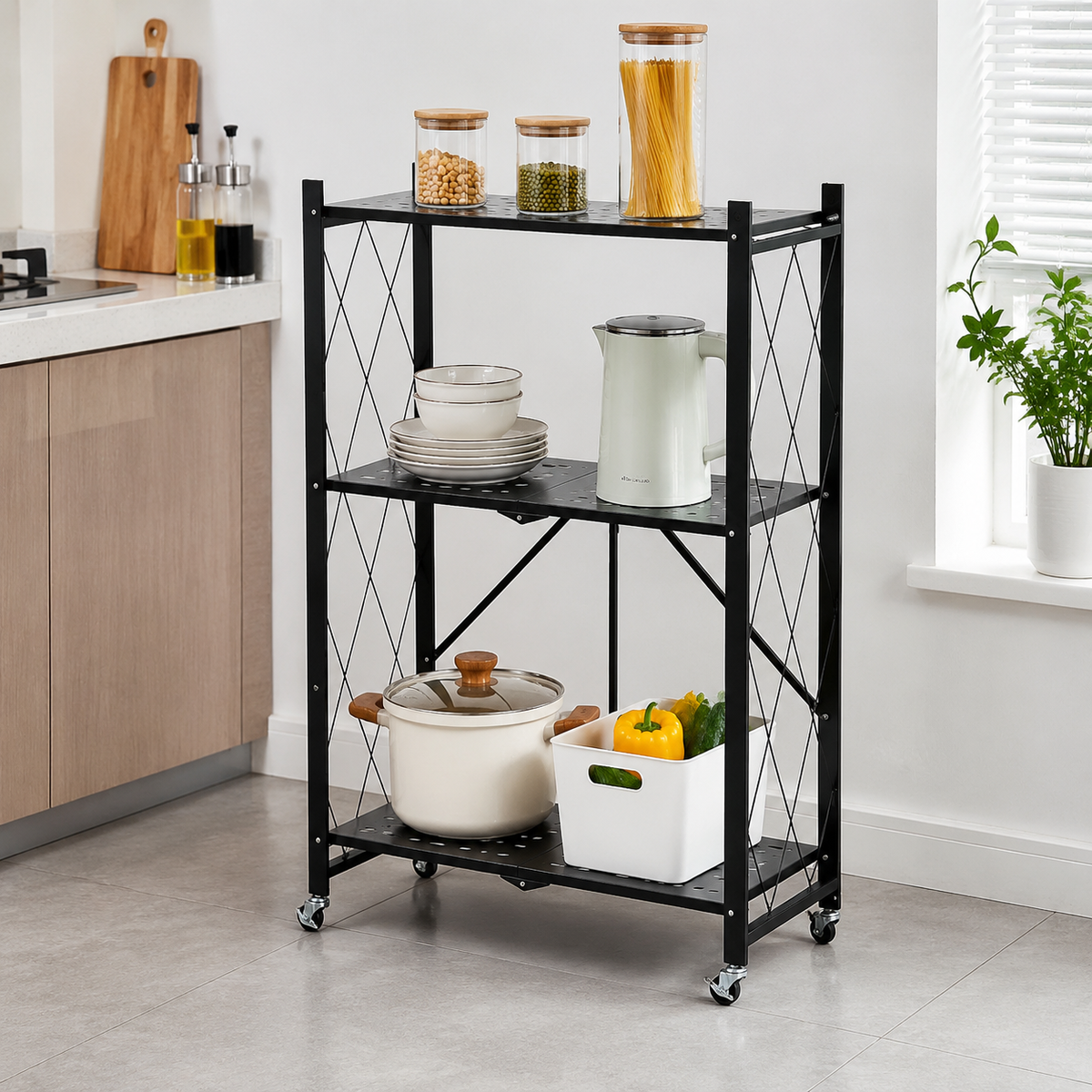 Folding Shelf Rack With Casters Wagon No Assembly Required Mobile Rack Storage Shelf Black Metal Rack